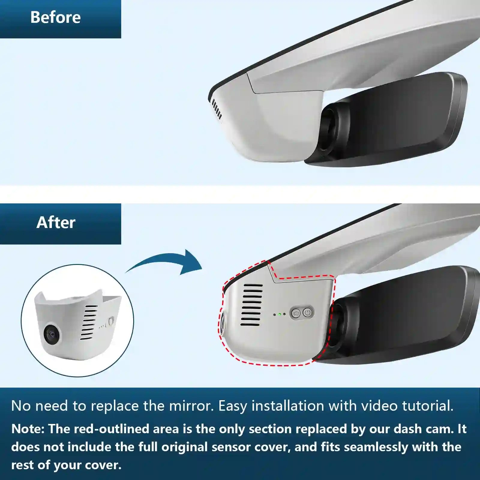 Before and after comparison of a car mirror with a dash cam installation.