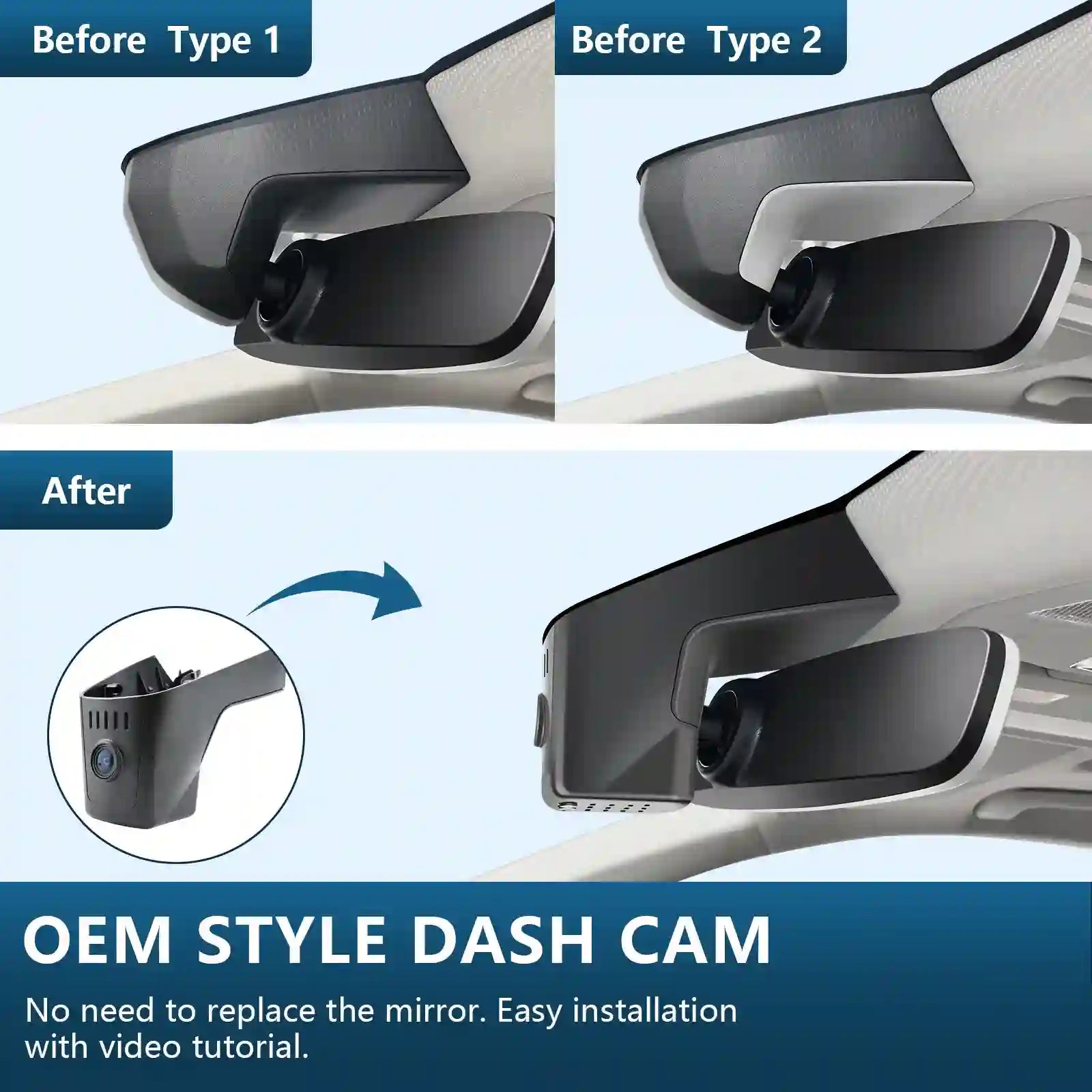 Before and after comparison of a car mirror with an OEM style dash cam installation.