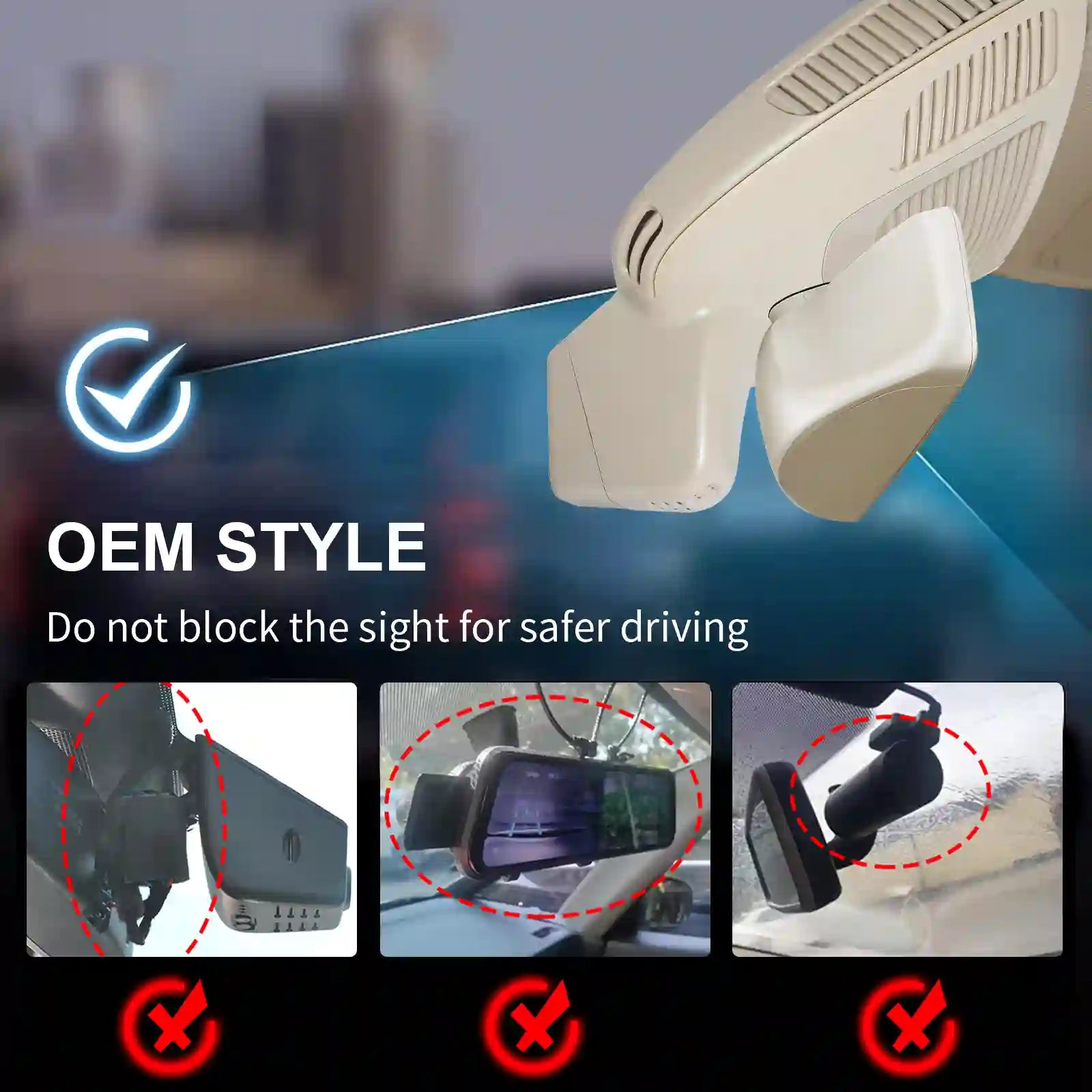 Car dash cam with a cityscape background, emphasizing safe installation for driver's visibility.