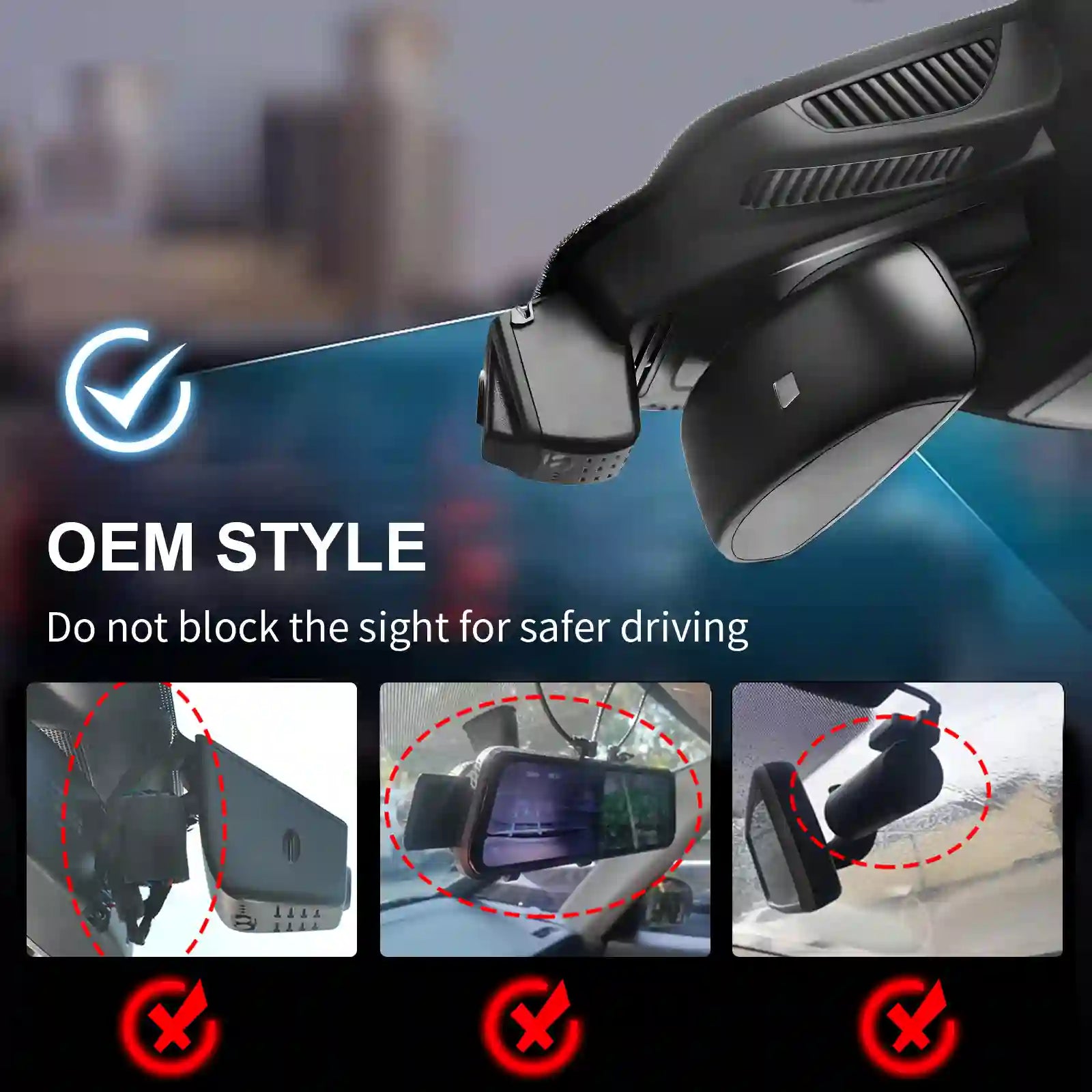 Car dashboard camera with a cityscape background, emphasizing safe driving.