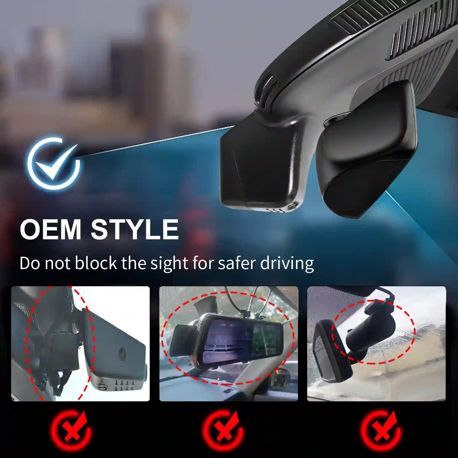Car dashboard camera with instructions on safe installation and clear visibility.