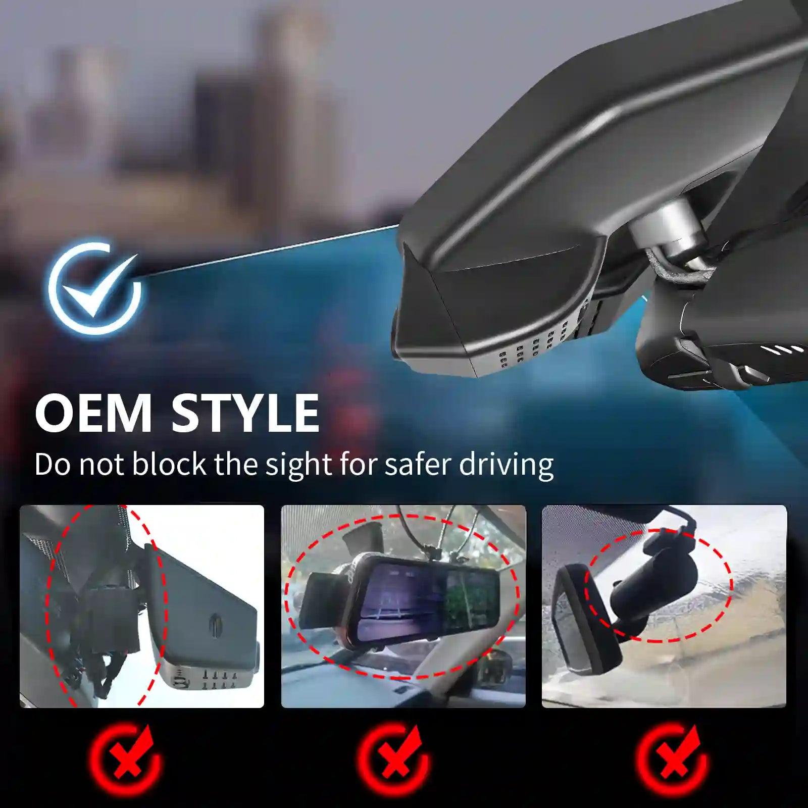 Car rearview mirror with a mounted device, emphasizing safe installation for driver visibility.