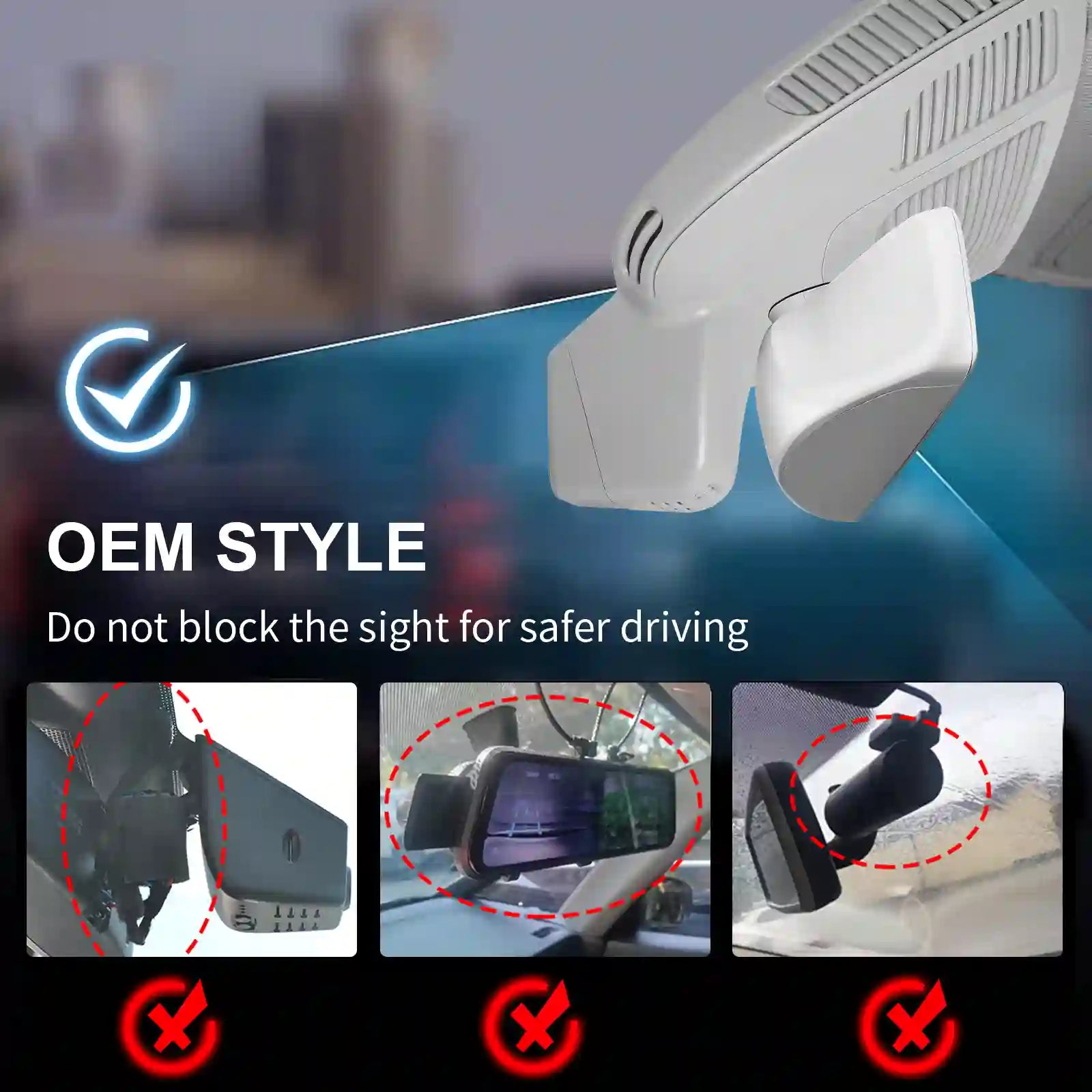 Car air freshener with a cityscape background, emphasizing safe installation for better driving visibility.