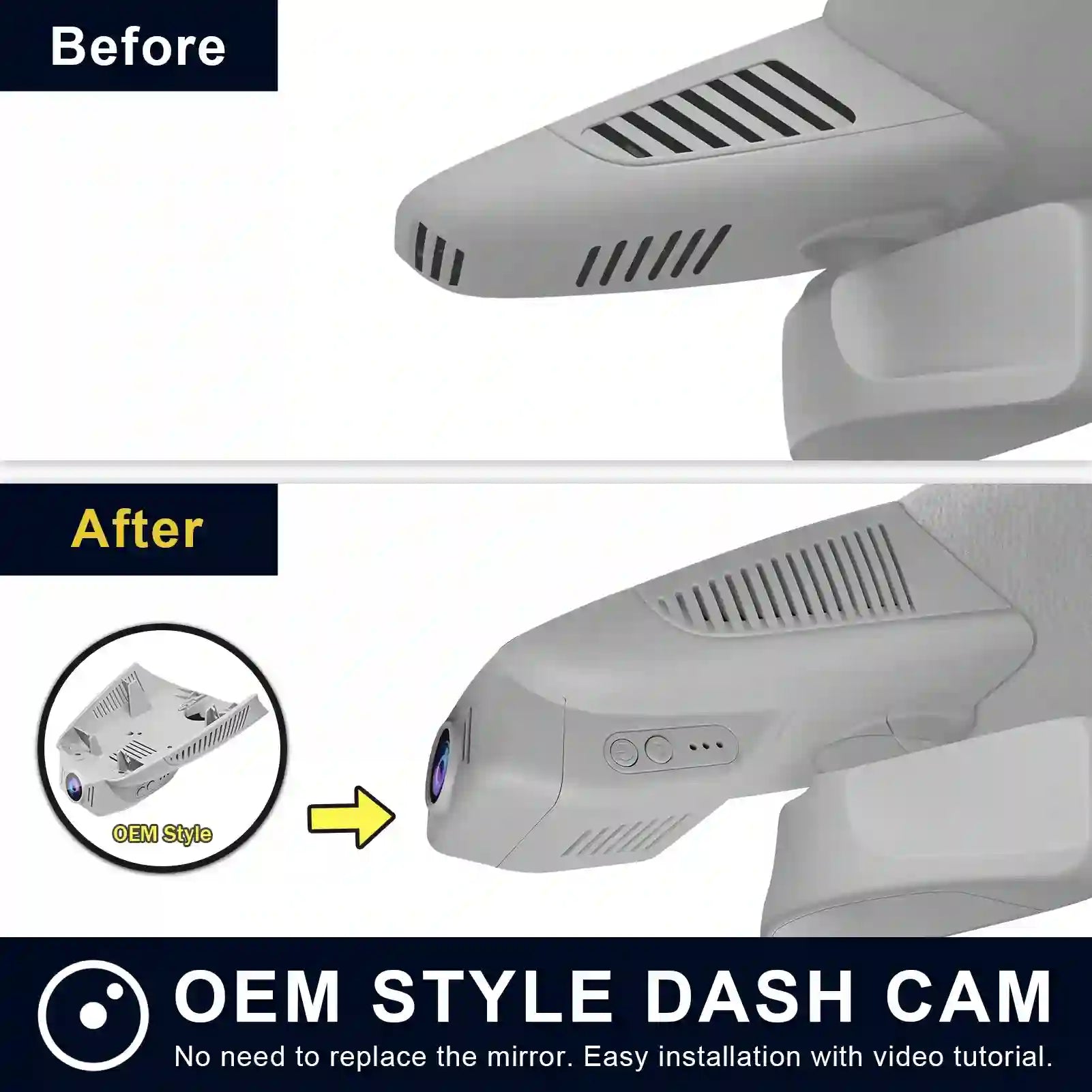 Comparison of a car interior with and without an OEM style dash cam, featuring text and an arrow indicating the product.