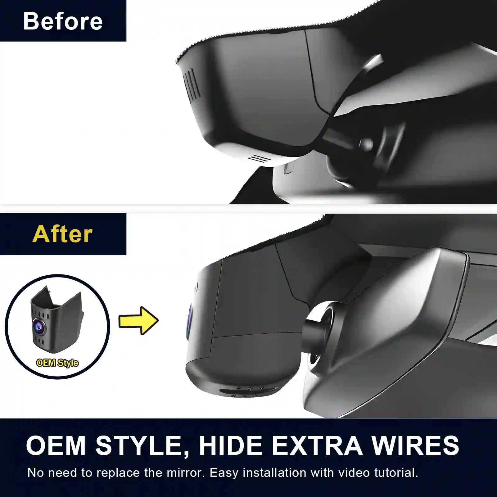 Before and after comparison of a car mirror with additional camera setup, highlighting 'OEM Style' and 'Hide Extra Wires' feature.