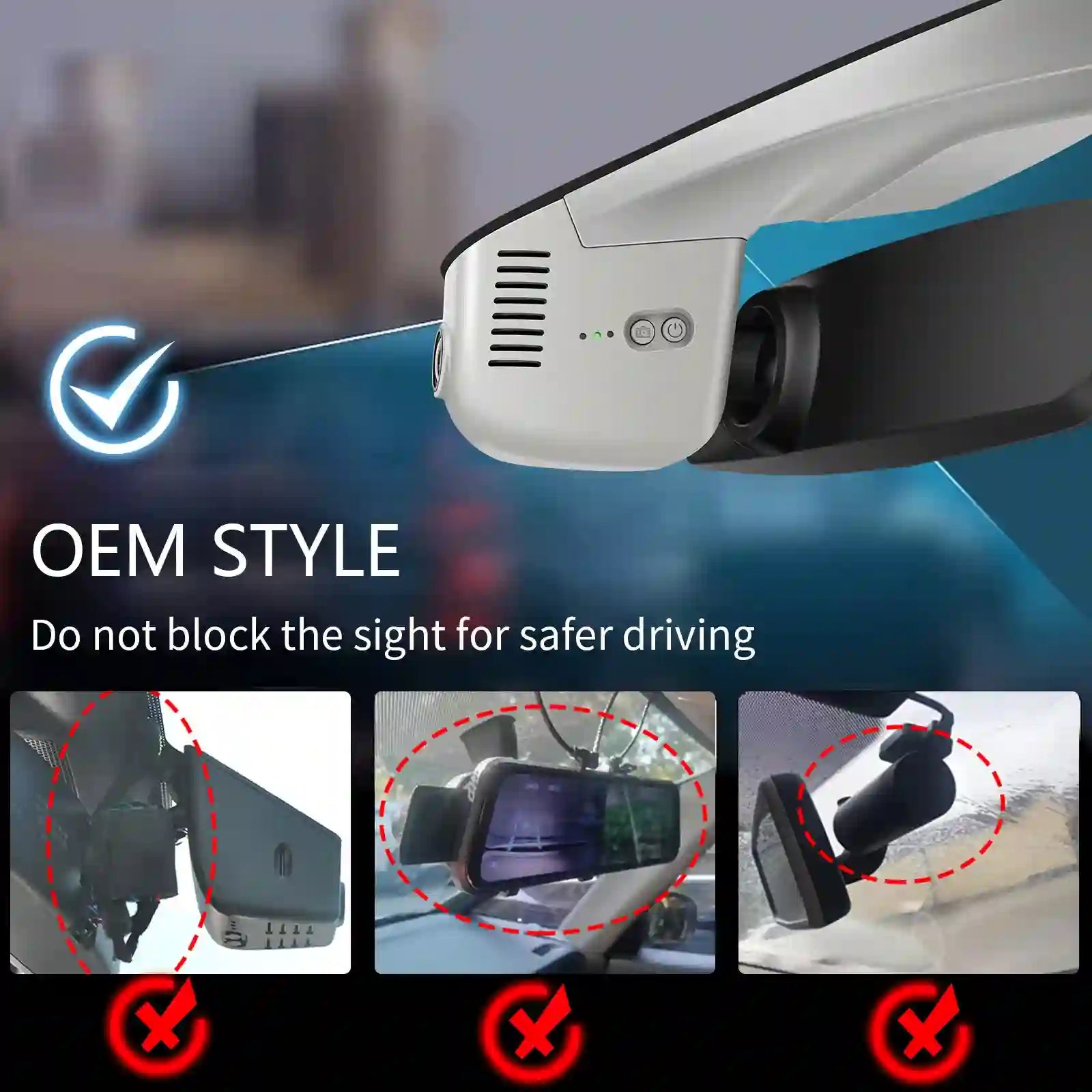 Car rearview mirror with built-in camera and instructions on safe installation.