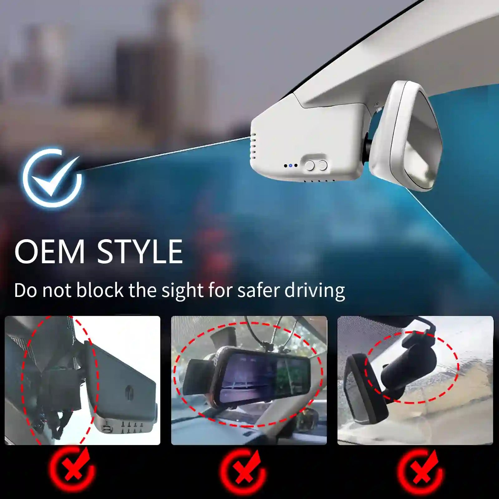 Car rearview mirror with additional camera attachment, emphasizing safe driving.
