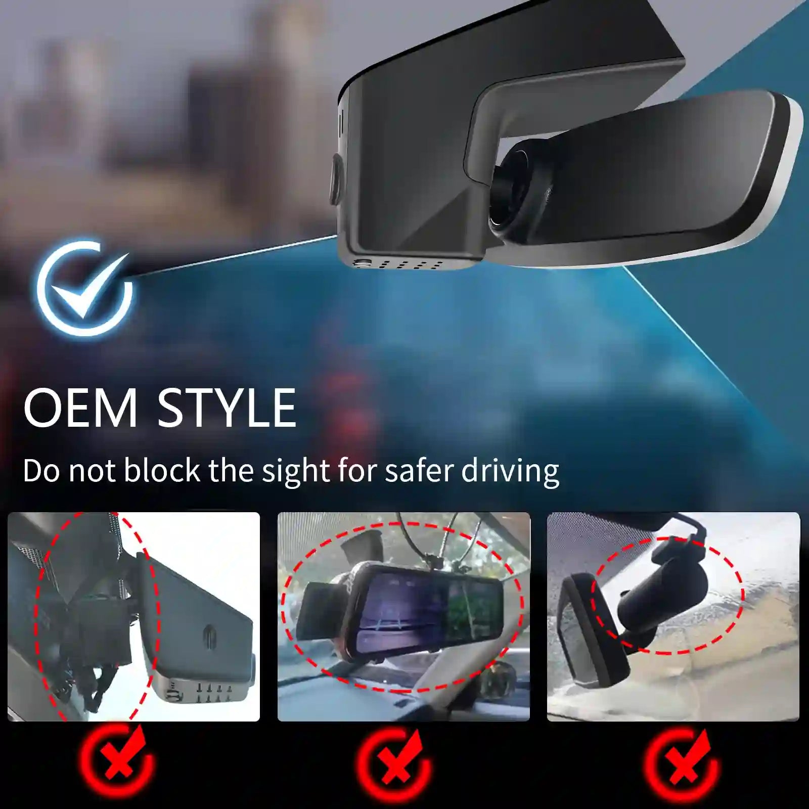 Car mirror with text 'OEM Style' and safety features, blurred background