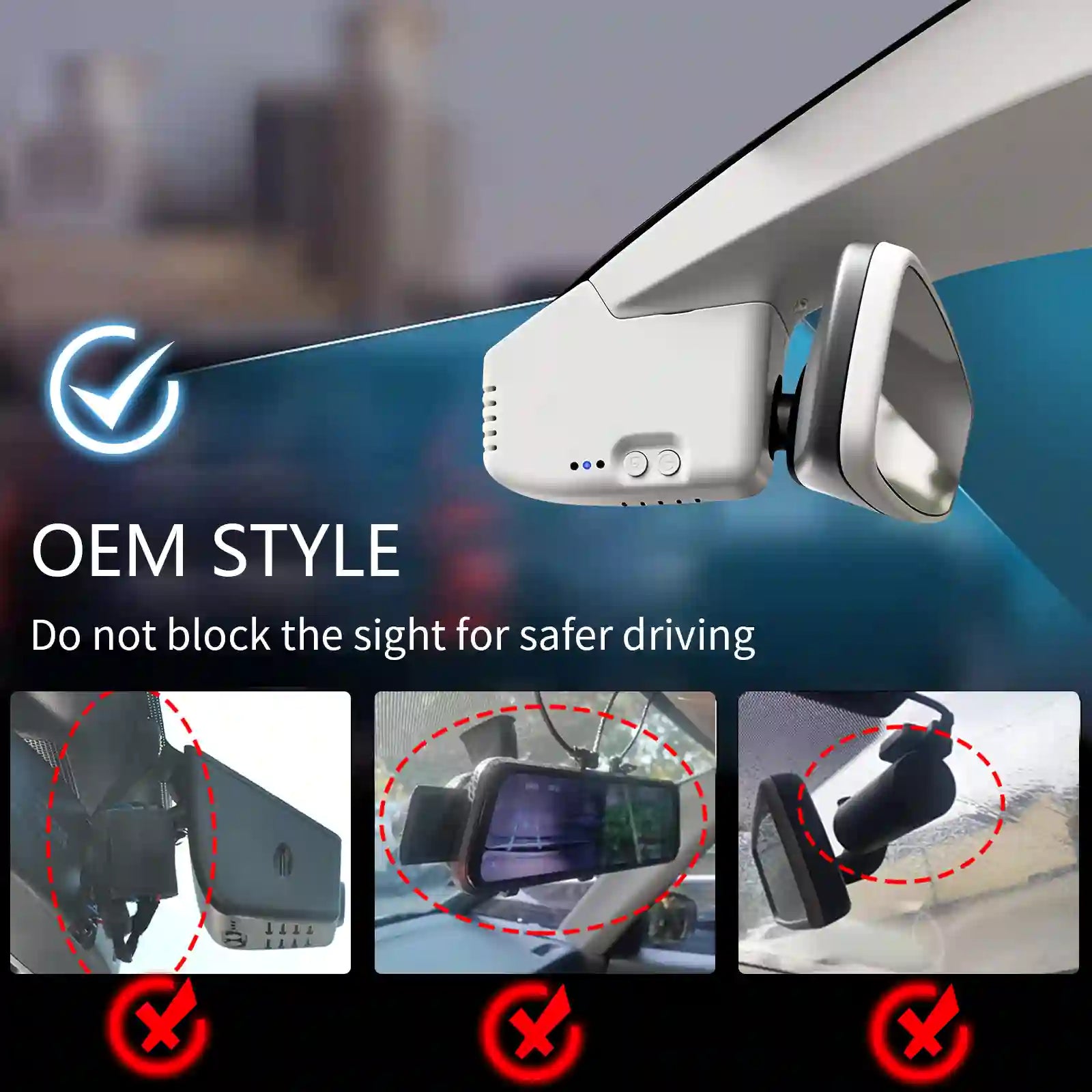 Car rearview mirror with camera attachment on a blurred cityscape background, emphasizing safe driving.