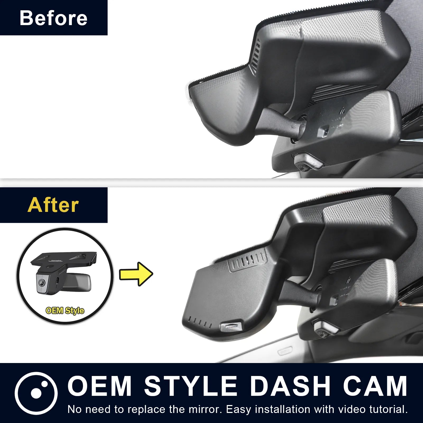 Comparison of a car mirror with and without an OEM style dash cam installation.