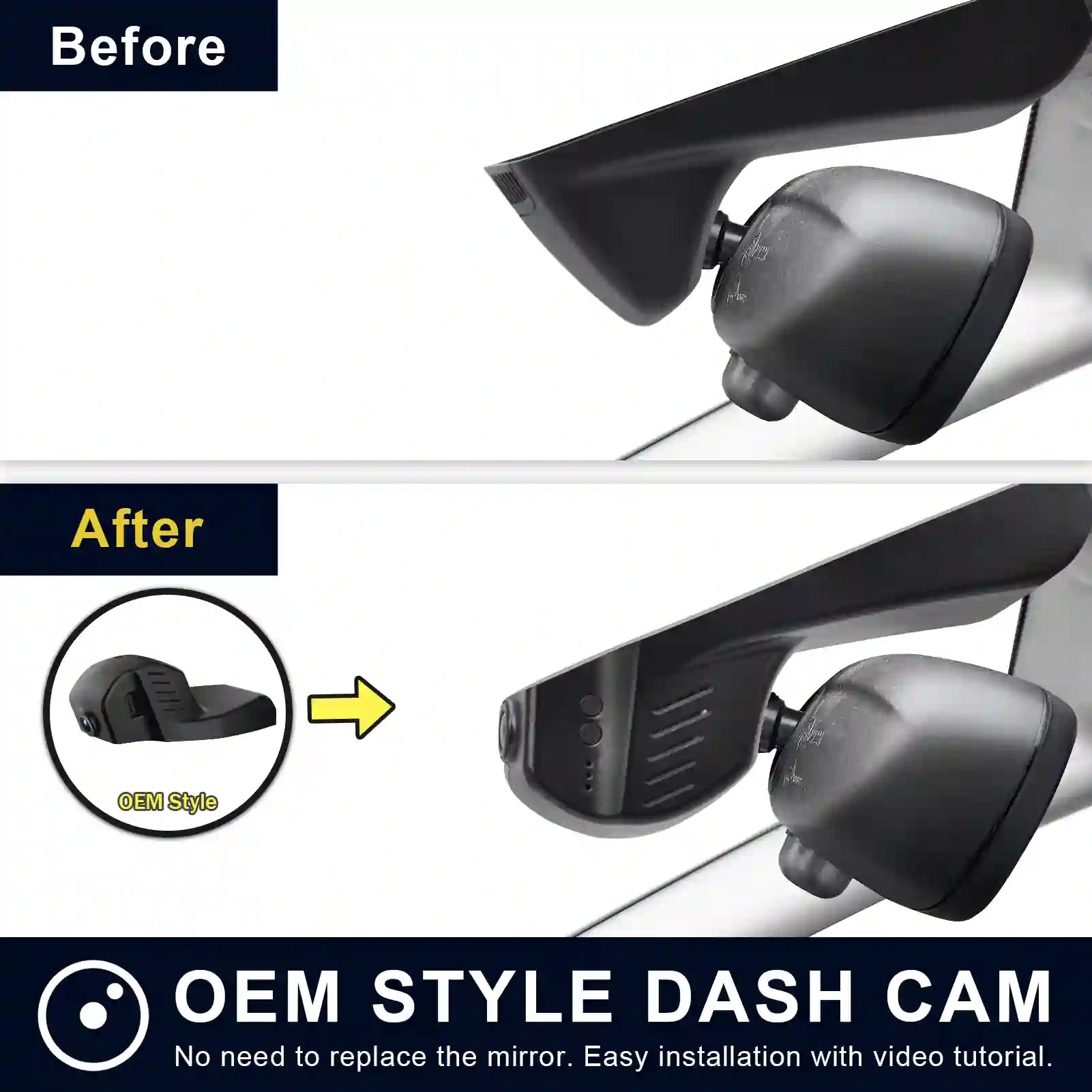 Before and after comparison of an OEM style dash cam installation on a car mirror.