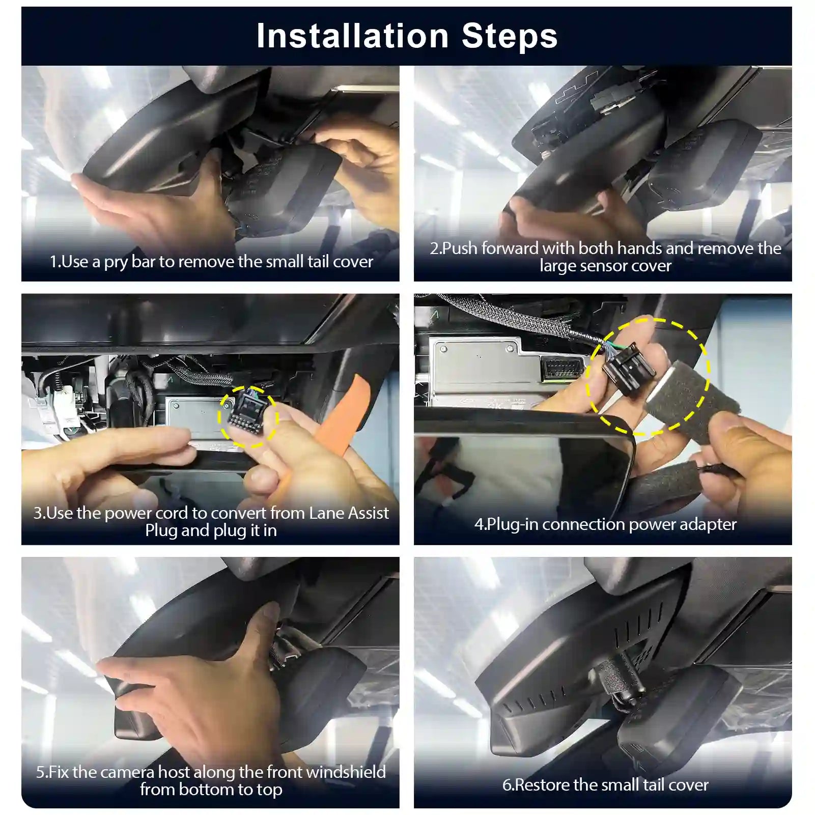 Step-by-step installation guide for a car camera system.