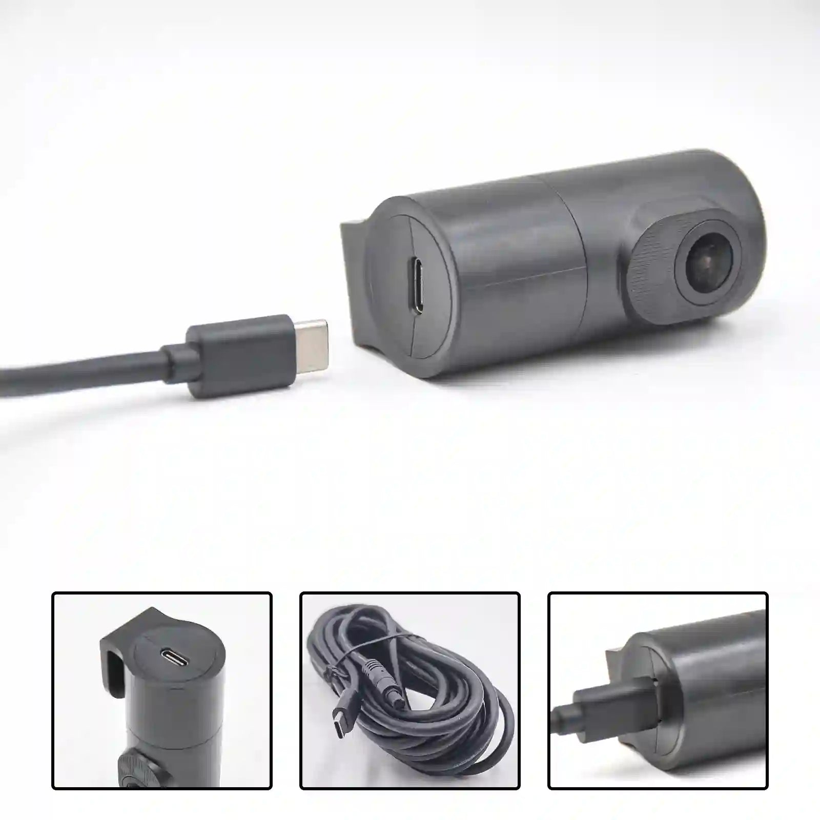 Gray cylindrical device with USB cable on a white background