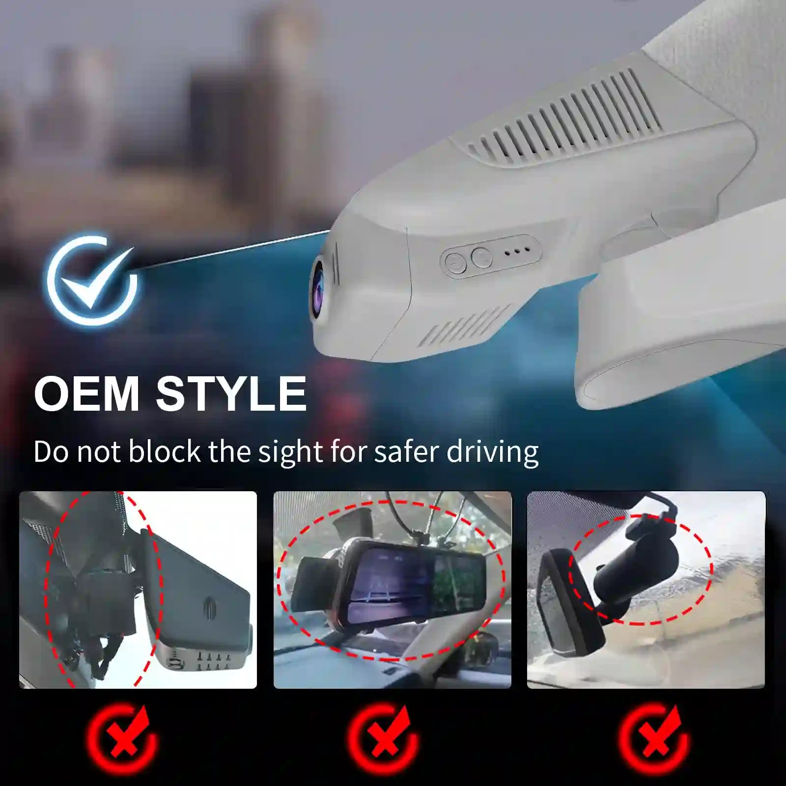 Car dashboard camera with instructions on safe installation and clear visibility.