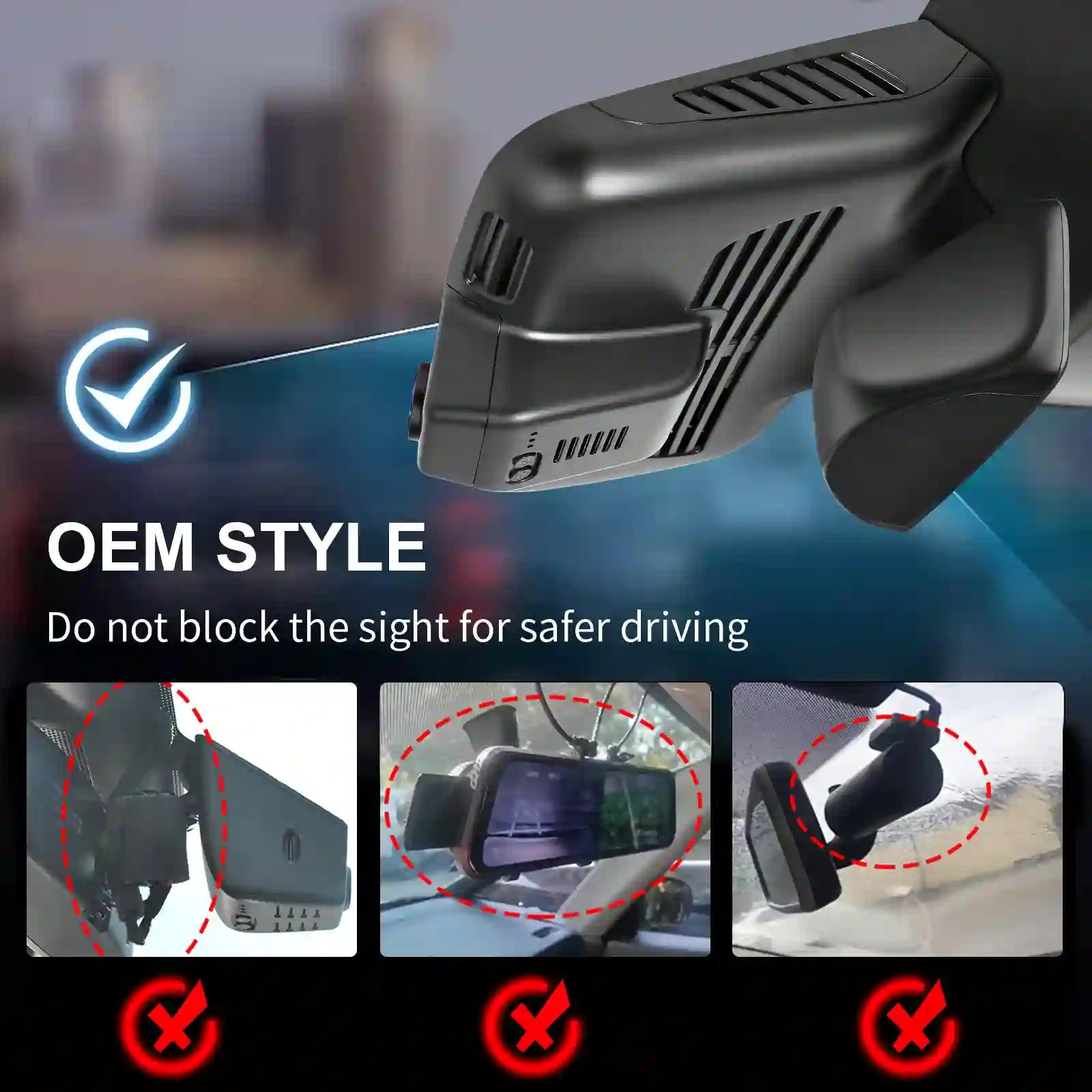 Car dashboard camera with instructions on safe installation and use.