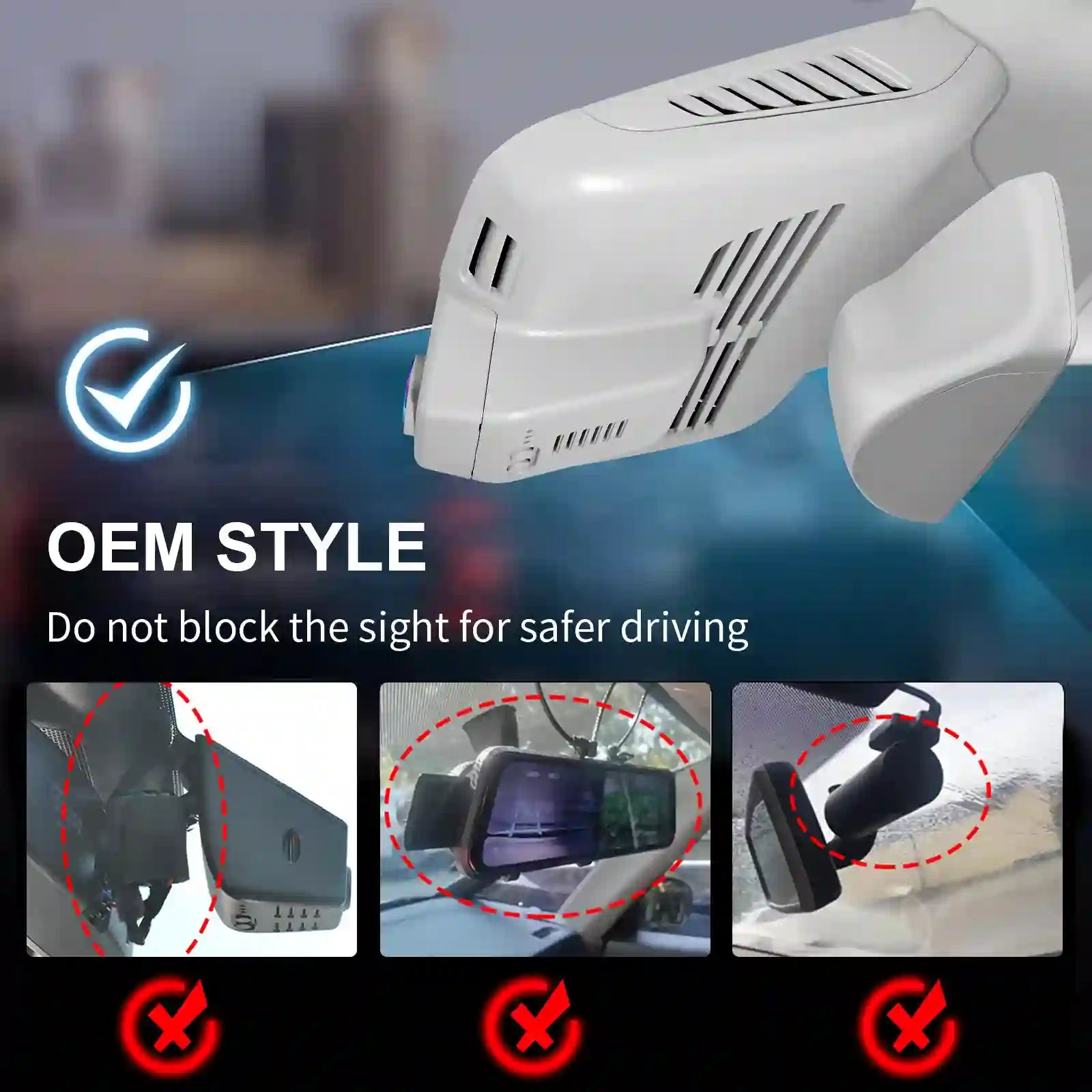 Car air freshener with a blurred cityscape background, emphasizing safe installation.