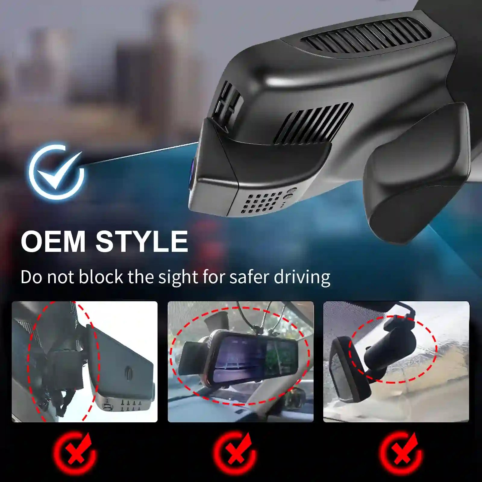 Car dashboard camera with text about safe driving and OEM style installation.