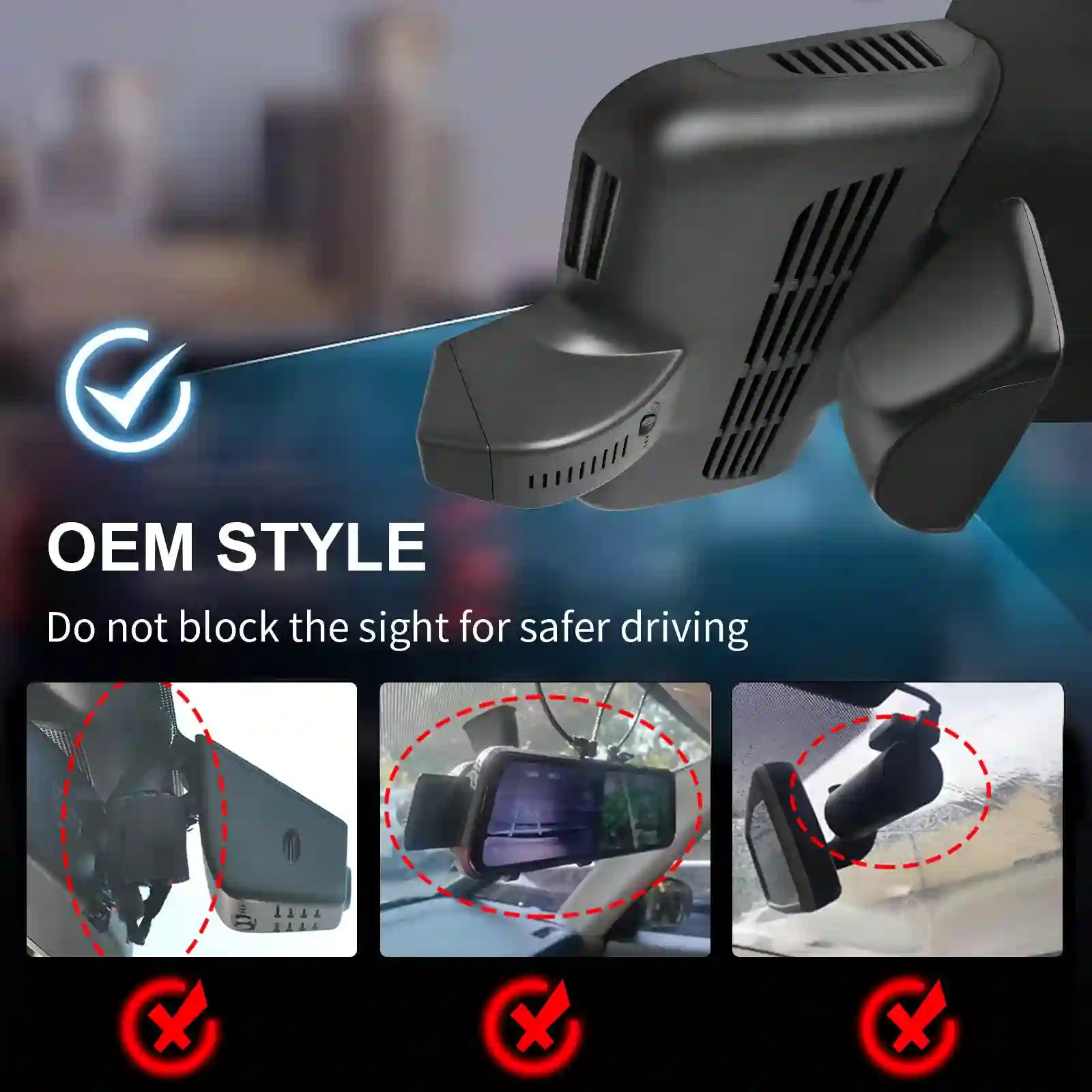 Car dashboard camera with text about safe driving and OEM style.