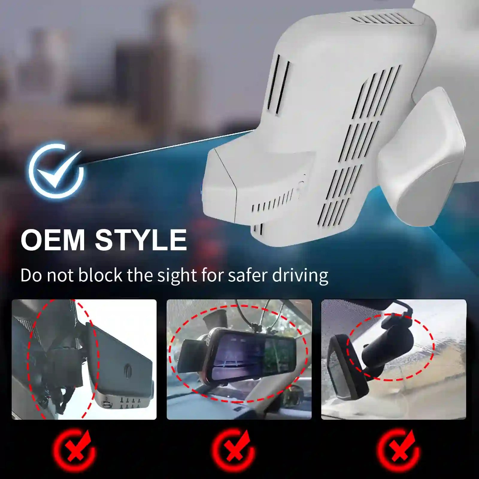 Car camera freshener with a cityscape background, emphasizing safe installation.