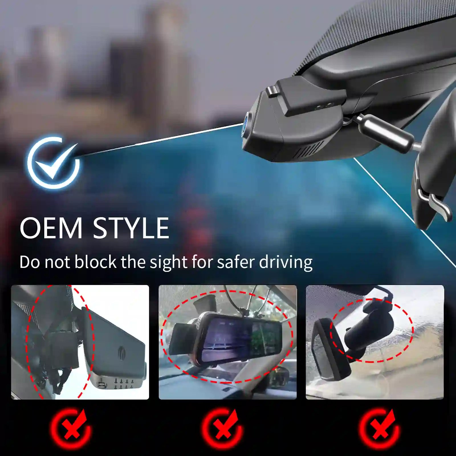Car rearview mirror with a mounted device, emphasizing safe installation for driver visibility.