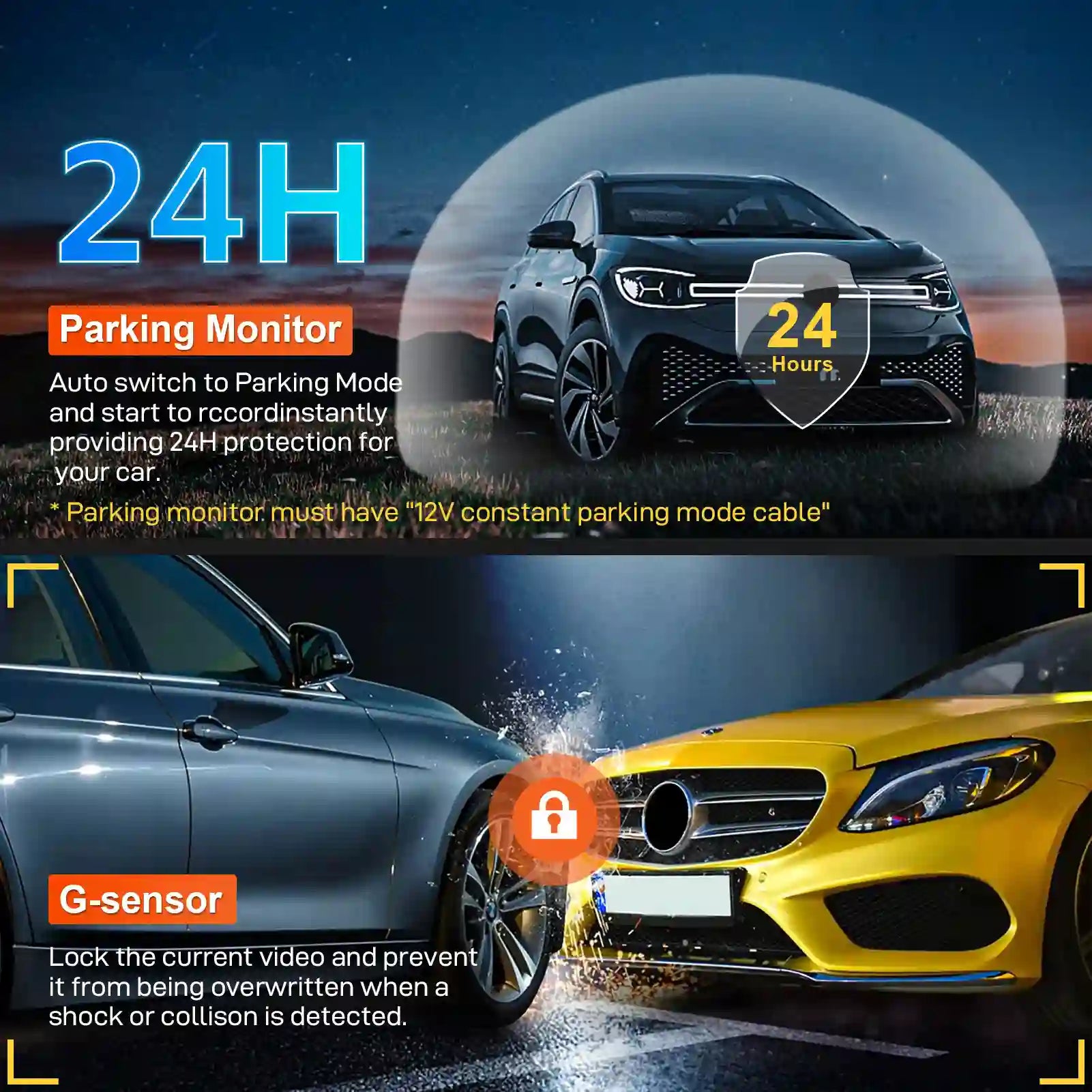 Advertisement for a parking monitor system with cars and text on a dark background
