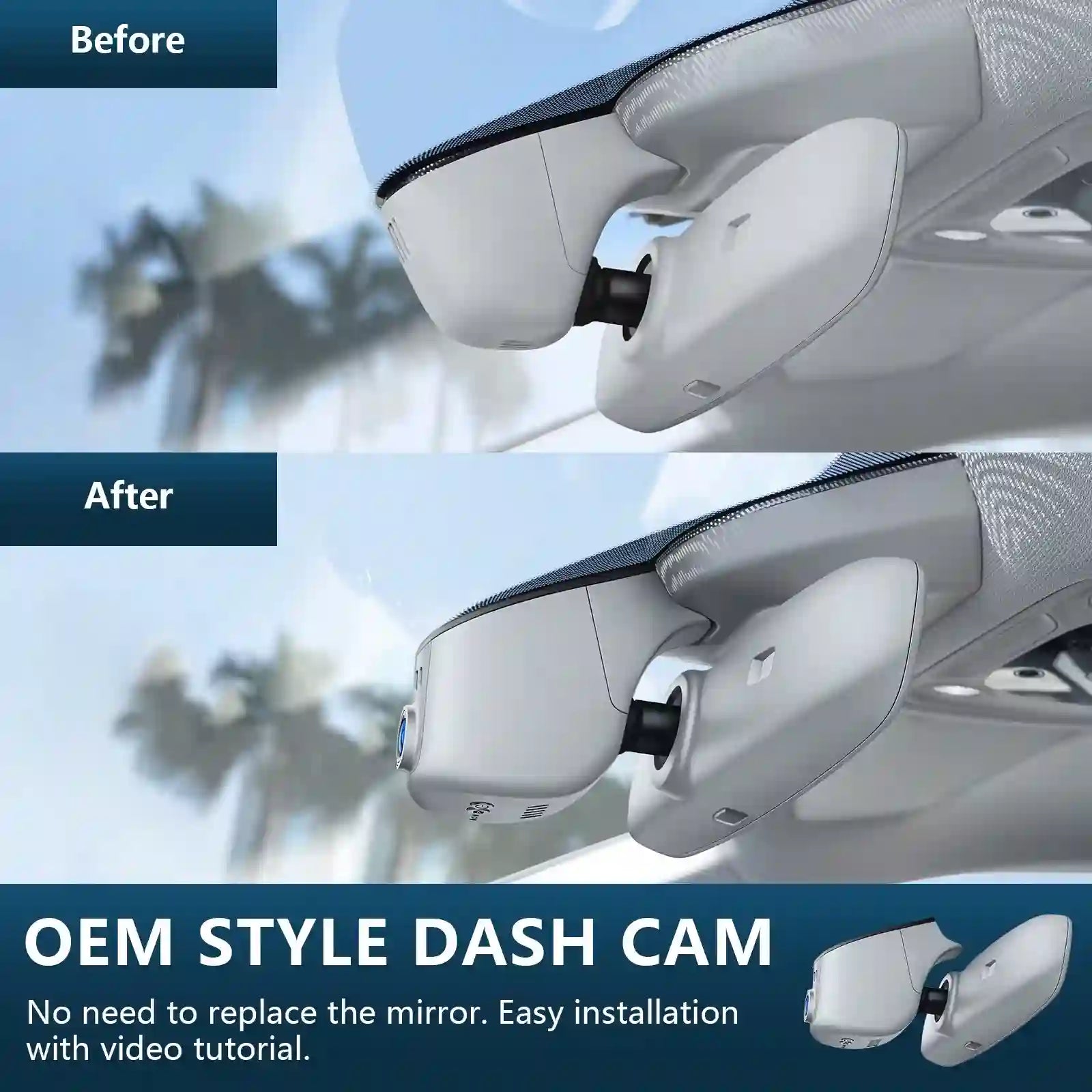 Audi dual Gray Comparison of OEM style dash cam installation on a car mirror with 'Before' and 'After' labels.