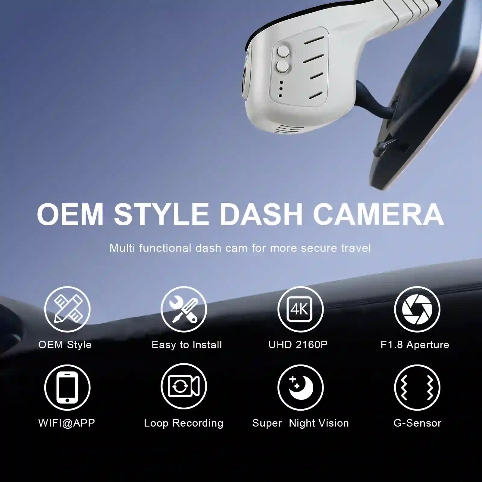 OEM style dash camera mounted on a car dashboard with features listed below.