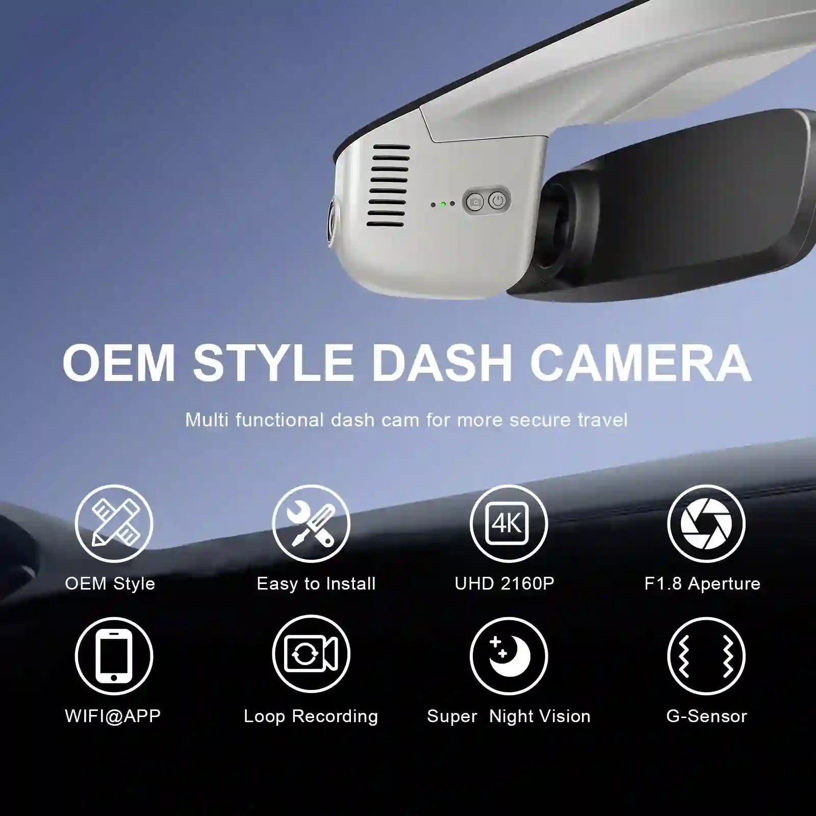OEM style dash camera with features listed on a blue and black background