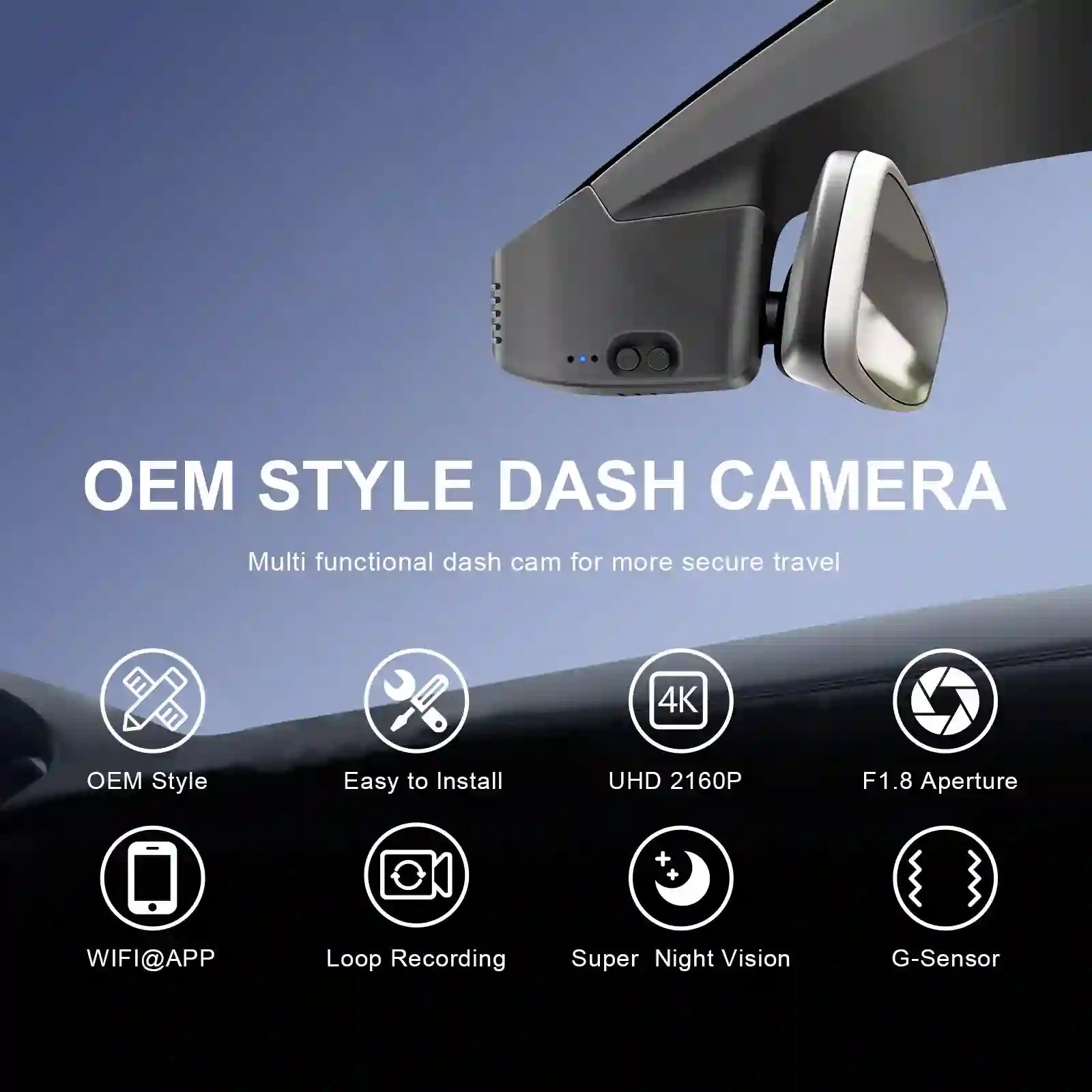 OEM style dash camera mounted on a car dashboard with features listed below.