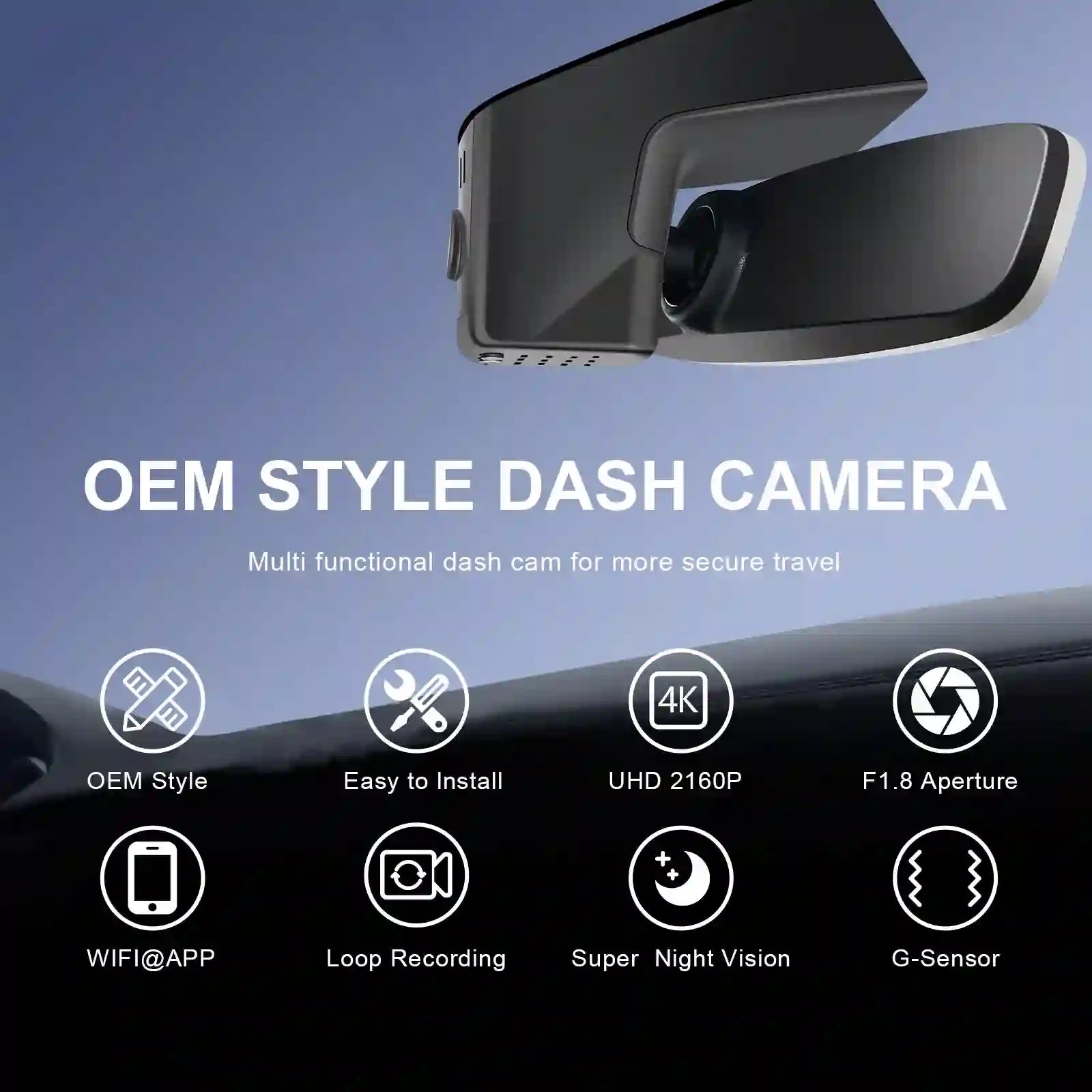 OEM style dash camera with features listed on a blue and black background