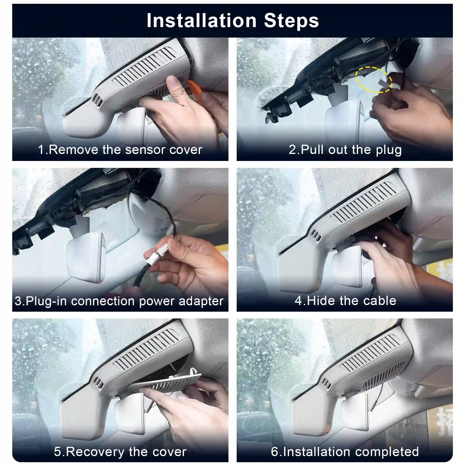 Step-by-step installation guide for a car sensor system.