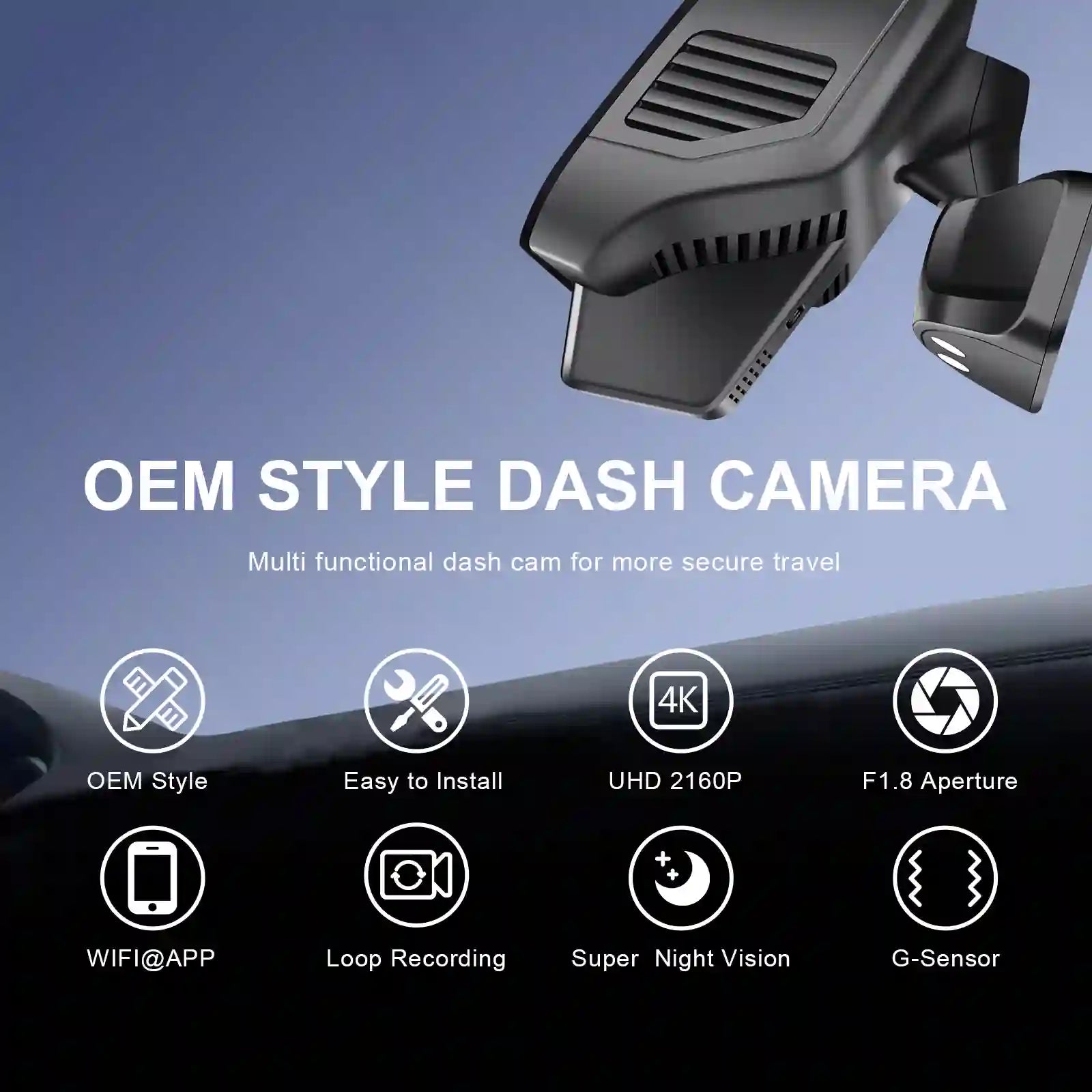 OEM style dash camera with features listed on a blue and black background