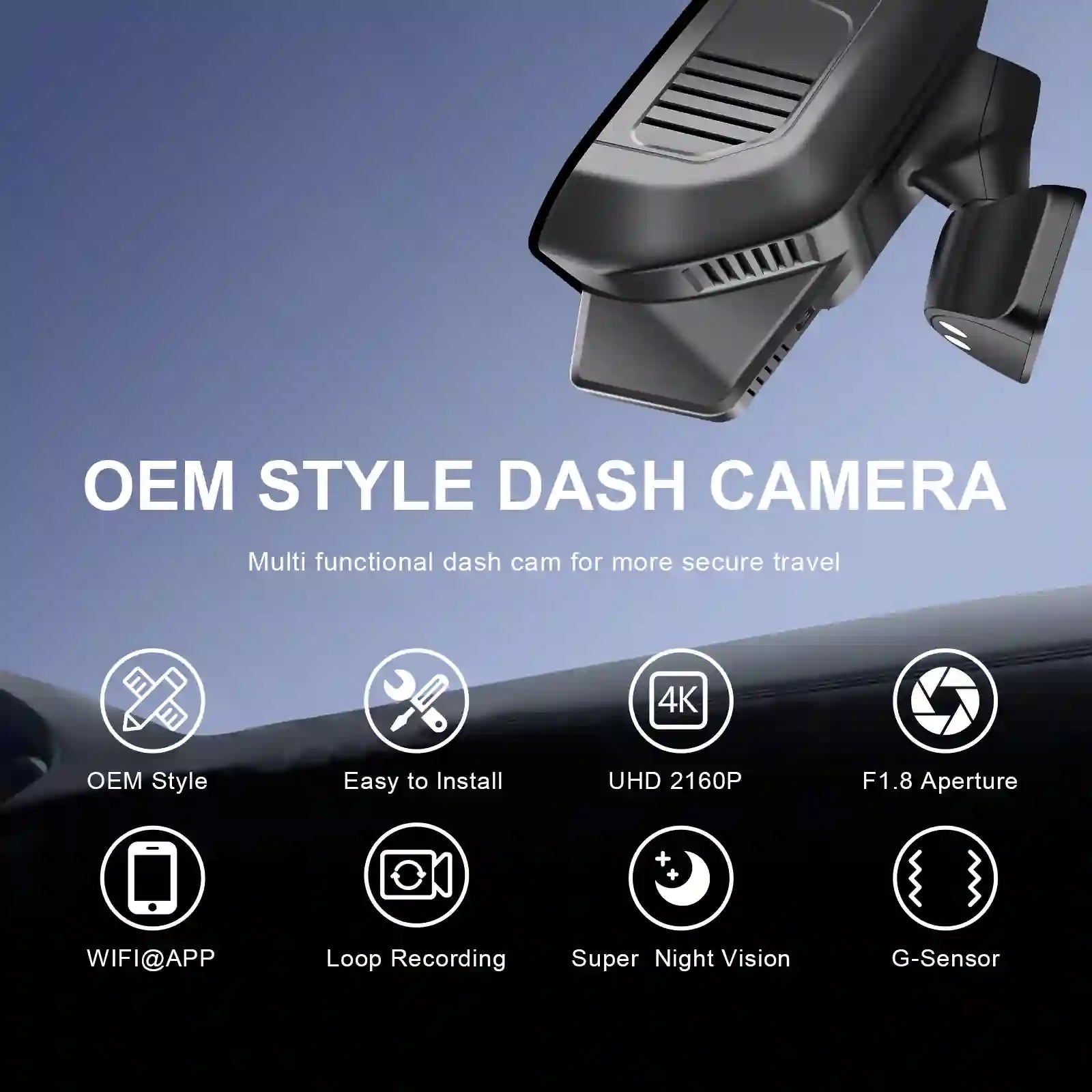 OEM style dash camera with features listed on a blue and black background