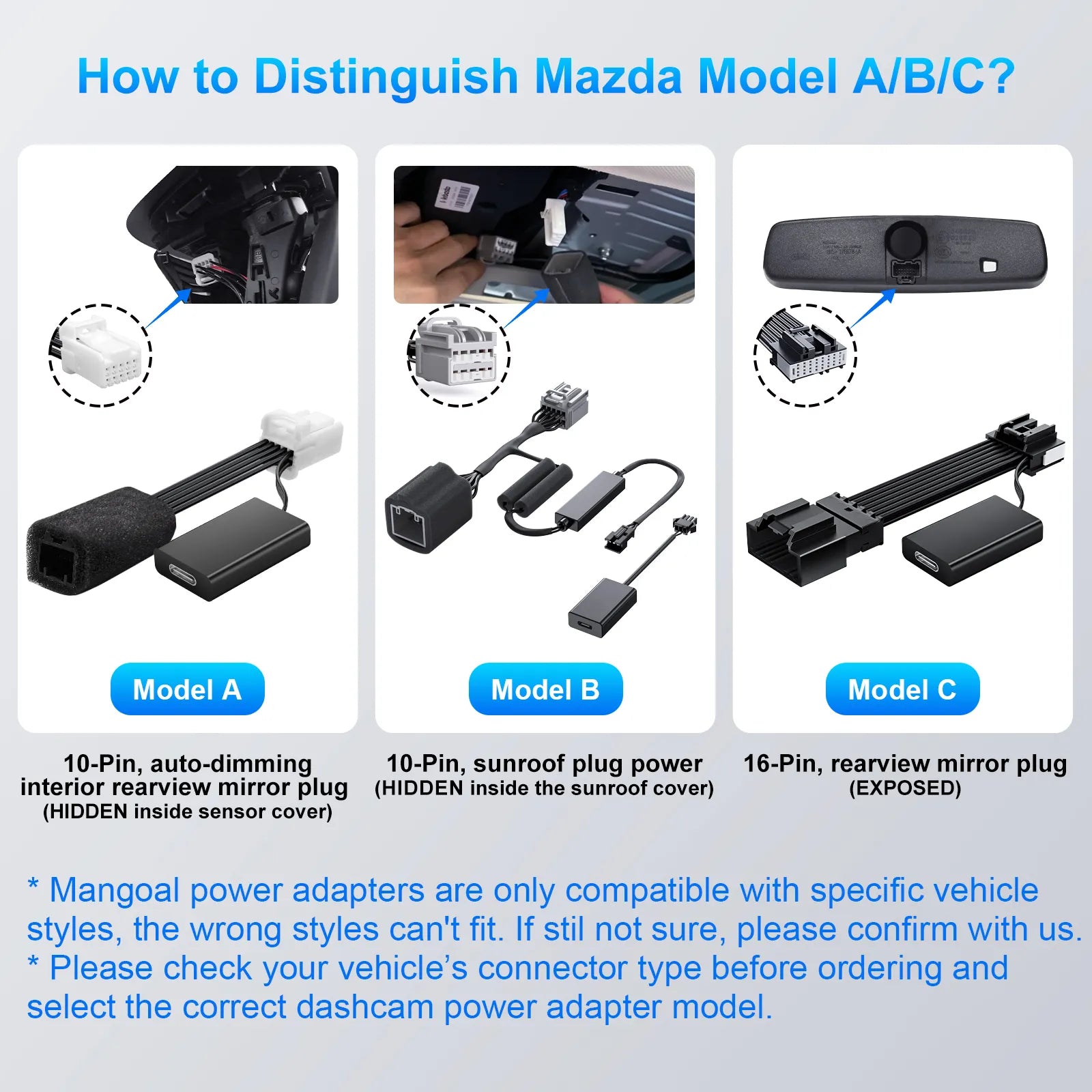 Dashcam Power Adapter 10 Pin (Model A) Custom for Mazda 6 CX3 CX5 CX5 CX9 CX30 CX50 MX30 and More,GPS Radar Mirror Camera,Connects to Auto Dimming Plug (Hidden in Sensor Shroud)